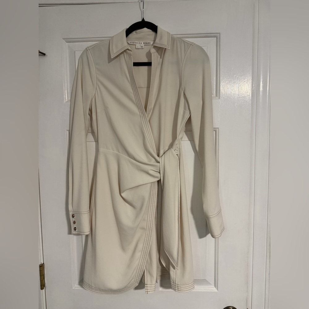 Veronica Beard Ivory Tie-Waist Long Sleeve Dress